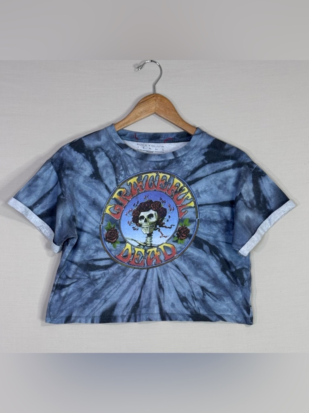 Alice Olivia Grateful Dead Tie Dye Crop Tee Graphic Skull Band Shirt Blue
